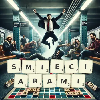 Kreatywna ilustracja do gry w Scrabble ze słowem SMIECIARAMI ułożonym z płytek na planszy.