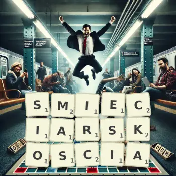 Kreatywna ilustracja do gry w Scrabble ze słowem SMIECIARSKOSCIA ułożonym z płytek na planszy.