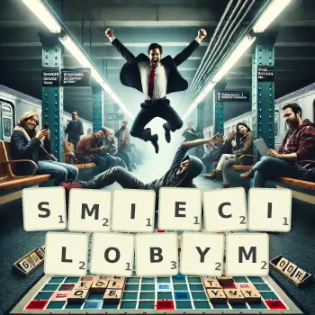 Kreatywna ilustracja do gry w Scrabble ze słowem SMIECILOBYM ułożonym z płytek na planszy.