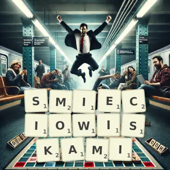 Kreatywna ilustracja do gry w Scrabble ze słowem SMIECIOWISKAMI ułożonym z płytek na planszy.