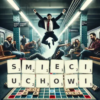 Kreatywna ilustracja do gry w Scrabble ze słowem SMIECIUCHOWI ułożonym z płytek na planszy.