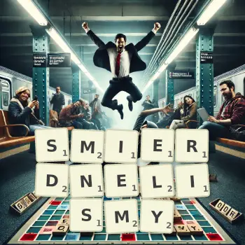 Kreatywna ilustracja do gry w Scrabble ze słowem SMIERDNELISMY ułożonym z płytek na planszy.