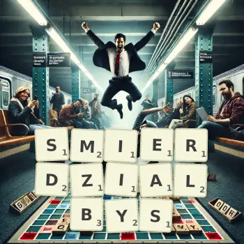 Kreatywna ilustracja do gry w Scrabble ze słowem SMIERDZIALBYS ułożonym z płytek na planszy.