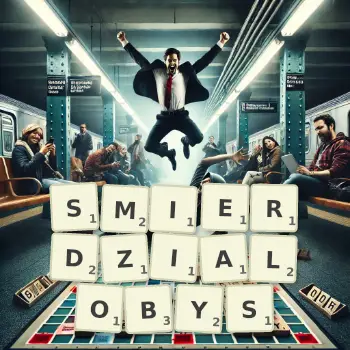 Kreatywna ilustracja do gry w Scrabble ze słowem SMIERDZIALOBYS ułożonym z płytek na planszy.