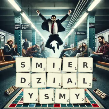 Kreatywna ilustracja do gry w Scrabble ze słowem SMIERDZIALYSMY ułożonym z płytek na planszy.