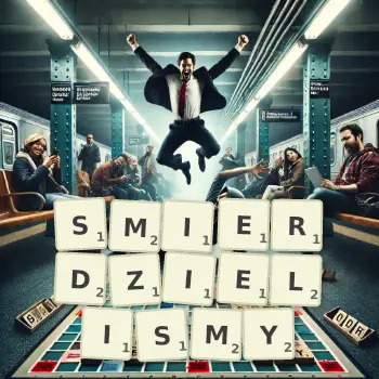 Kreatywna ilustracja do gry w Scrabble ze słowem SMIERDZIELISMY ułożonym z płytek na planszy.