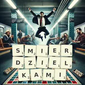 Kreatywna ilustracja do gry w Scrabble ze słowem SMIERDZIELKAMI ułożonym z płytek na planszy.