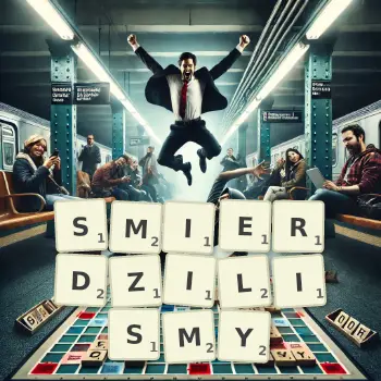 Kreatywna ilustracja do gry w Scrabble ze słowem SMIERDZILISMY ułożonym z płytek na planszy.
