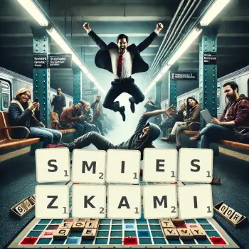 Kreatywna ilustracja do gry w Scrabble ze słowem SMIESZKAMI ułożonym z płytek na planszy.