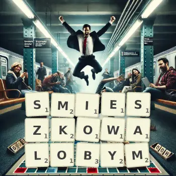 Kreatywna ilustracja do gry w Scrabble ze słowem SMIESZKOWALOBYM ułożonym z płytek na planszy.