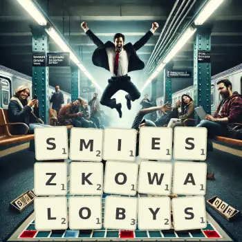 Kreatywna ilustracja do gry w Scrabble ze słowem SMIESZKOWALOBYS ułożonym z płytek na planszy.
