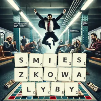 Kreatywna ilustracja do gry w Scrabble ze słowem SMIESZKOWALYBY ułożonym z płytek na planszy.
