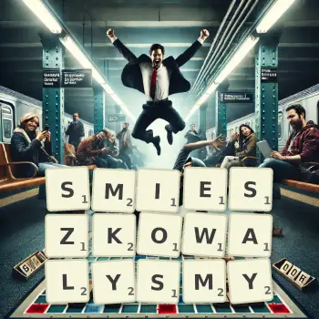 Kreatywna ilustracja do gry w Scrabble ze słowem SMIESZKOWALYSMY ułożonym z płytek na planszy.