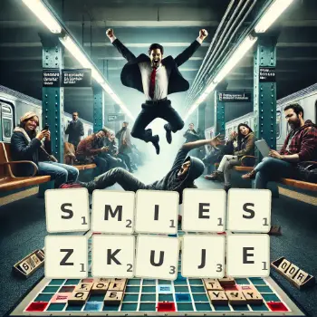 Kreatywna ilustracja do gry w Scrabble ze słowem SMIESZKUJE ułożonym z płytek na planszy.
