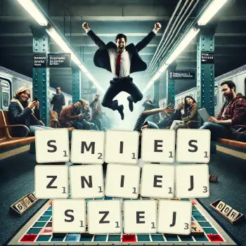 Kreatywna ilustracja do gry w Scrabble ze słowem SMIESZNIEJSZEJ ułożonym z płytek na planszy.
