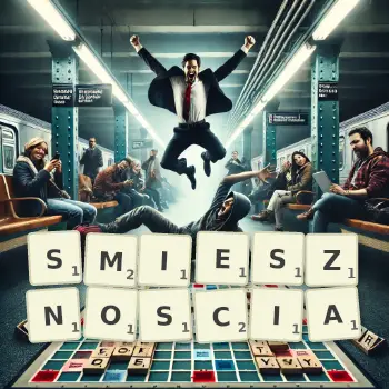 Kreatywna ilustracja do gry w Scrabble ze słowem SMIESZNOSCIA ułożonym z płytek na planszy.