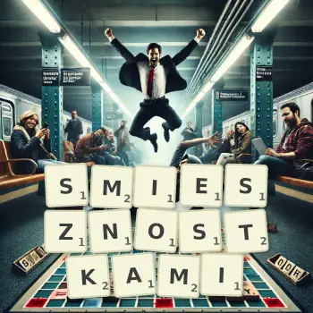 Kreatywna ilustracja do gry w Scrabble ze słowem SMIESZNOSTKAMI ułożonym z płytek na planszy.