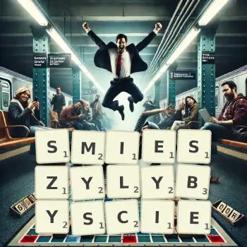 Kreatywna ilustracja do gry w Scrabble ze słowem SMIESZYLYBYSCIE ułożonym z płytek na planszy.
