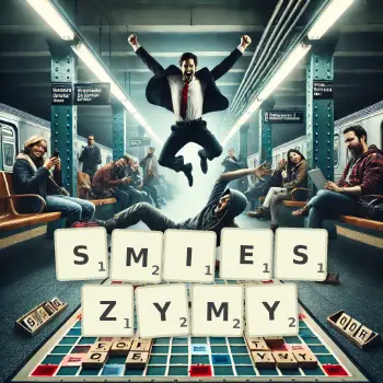 Kreatywna ilustracja do gry w Scrabble ze słowem SMIESZYMY ułożonym z płytek na planszy.