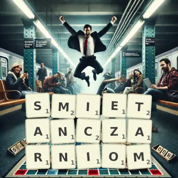 Kreatywna ilustracja do gry w Scrabble ze słowem SMIETANCZARNIOM ułożonym z płytek na planszy.