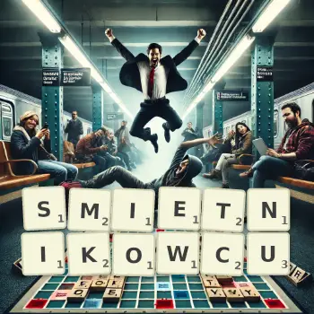 Kreatywna ilustracja do gry w Scrabble ze słowem SMIETNIKOWCU ułożonym z płytek na planszy.