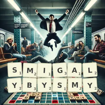 Kreatywna ilustracja do gry w Scrabble ze słowem SMIGALYBYSMY ułożonym z płytek na planszy.