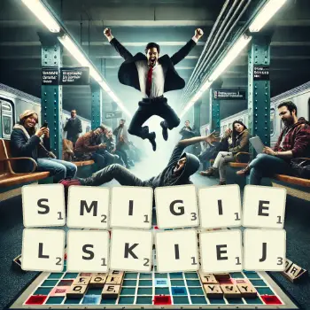 Kreatywna ilustracja do gry w Scrabble ze słowem SMIGIELSKIEJ ułożonym z płytek na planszy.