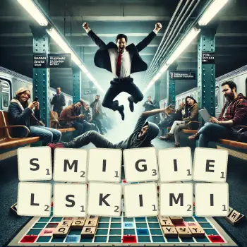 Kreatywna ilustracja do gry w Scrabble ze słowem SMIGIELSKIMI ułożonym z płytek na planszy.