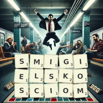 Kreatywna ilustracja do gry w Scrabble ze słowem SMIGIELSKOSCIOM ułożonym z płytek na planszy.