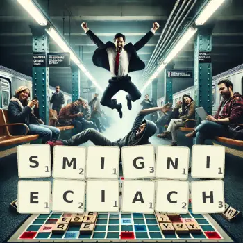 Kreatywna ilustracja do gry w Scrabble ze słowem SMIGNIECIACH ułożonym z płytek na planszy.