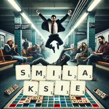 Kreatywna ilustracja do gry w Scrabble ze słowem SMILAKSIE ułożonym z płytek na planszy.