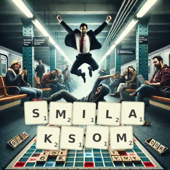 Kreatywna ilustracja do gry w Scrabble ze słowem SMILAKSOM ułożonym z płytek na planszy.