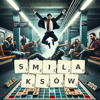 Kreatywna ilustracja do gry w Scrabble ze słowem SMILAKSÓW ułożonym z płytek na planszy.