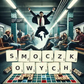 Kreatywna ilustracja do gry w Scrabble ze słowem SMOCZKOWYCH ułożonym z płytek na planszy.