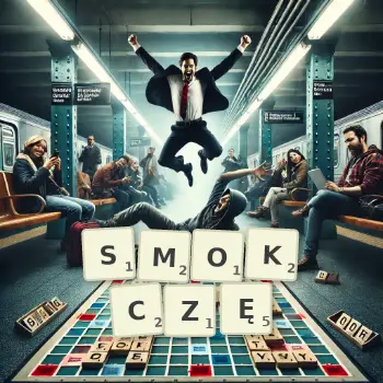 Kreatywna ilustracja do gry w Scrabble ze słowem SMOKCZĘ ułożonym z płytek na planszy.