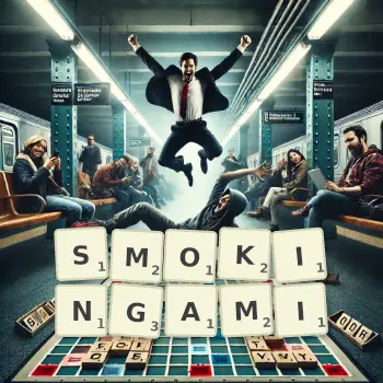 Kreatywna ilustracja do gry w Scrabble ze słowem SMOKINGAMI ułożonym z płytek na planszy.