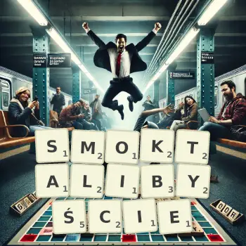 Kreatywna ilustracja do gry w Scrabble ze słowem SMOKTALIBYŚCIE ułożonym z płytek na planszy.