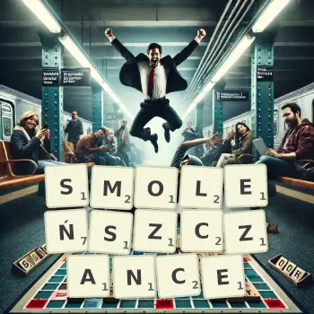 Kreatywna ilustracja do gry w Scrabble ze słowem SMOLEŃSZCZANCE ułożonym z płytek na planszy.