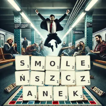 Kreatywna ilustracja do gry w Scrabble ze słowem SMOLEŃSZCZANEK ułożonym z płytek na planszy.
