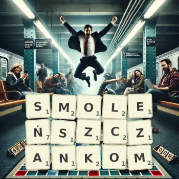 Kreatywna ilustracja do gry w Scrabble ze słowem SMOLEŃSZCZANKOM ułożonym z płytek na planszy.