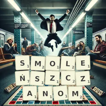 Kreatywna ilustracja do gry w Scrabble ze słowem SMOLEŃSZCZANOM ułożonym z płytek na planszy.