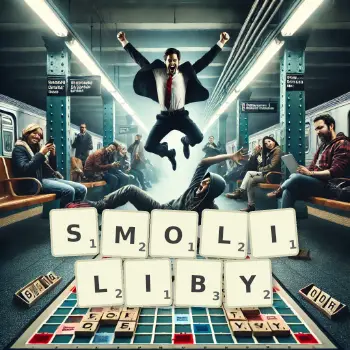 Kreatywna ilustracja do gry w Scrabble ze słowem SMOLILIBY ułożonym z płytek na planszy.