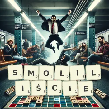 Kreatywna ilustracja do gry w Scrabble ze słowem SMOLILIŚCIE ułożonym z płytek na planszy.