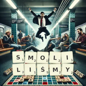 Kreatywna ilustracja do gry w Scrabble ze słowem SMOLILIŚMY ułożonym z płytek na planszy.