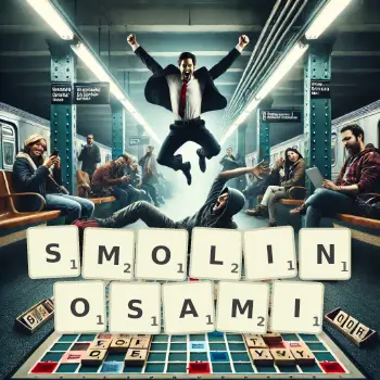 Kreatywna ilustracja do gry w Scrabble ze słowem SMOLINOSAMI ułożonym z płytek na planszy.