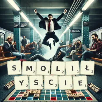 Kreatywna ilustracja do gry w Scrabble ze słowem SMOLIŁYŚCIE ułożonym z płytek na planszy.