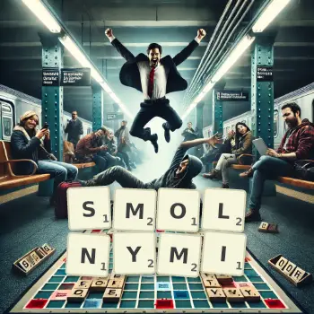 Kreatywna ilustracja do gry w Scrabble ze słowem SMOLNYMI ułożonym z płytek na planszy.