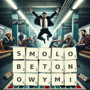 Kreatywna ilustracja do gry w Scrabble ze słowem SMOLOBETONOWYMI ułożonym z płytek na planszy.