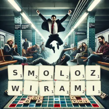 Kreatywna ilustracja do gry w Scrabble ze słowem SMOLOZWIRAMI ułożonym z płytek na planszy.
