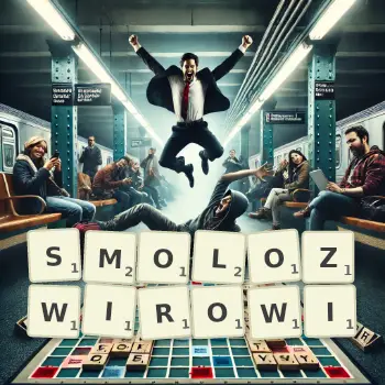 Kreatywna ilustracja do gry w Scrabble ze słowem SMOLOZWIROWI ułożonym z płytek na planszy.